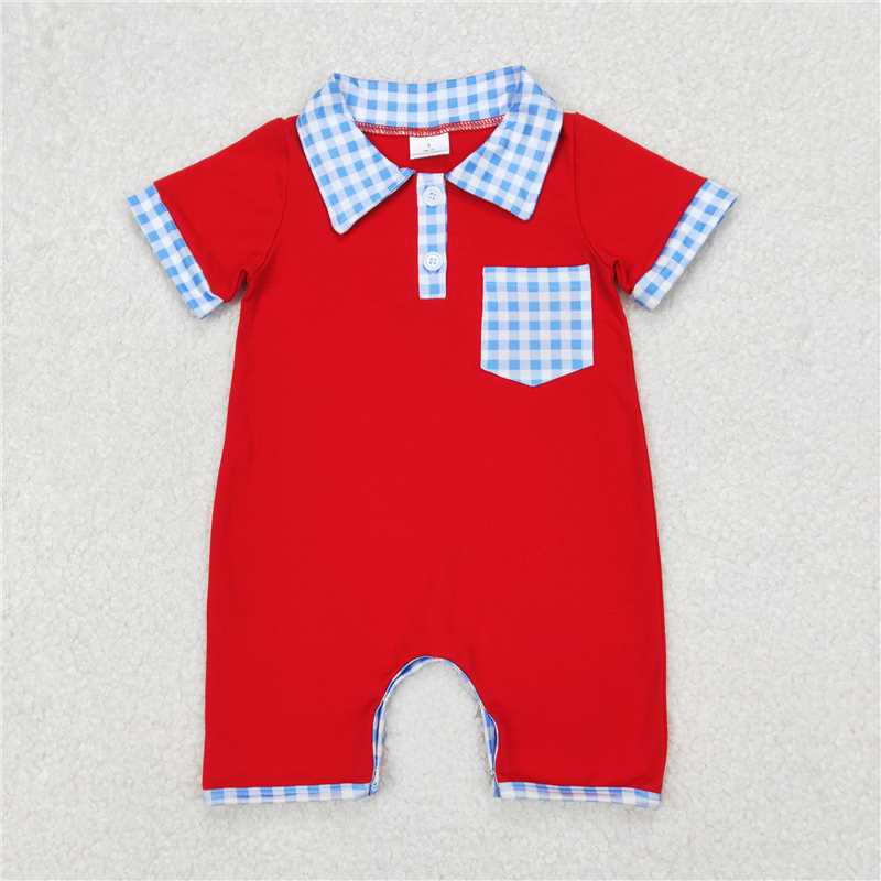 3.25 SR2352 National Day blue plaid pocket red short-sleeved jumpsuit