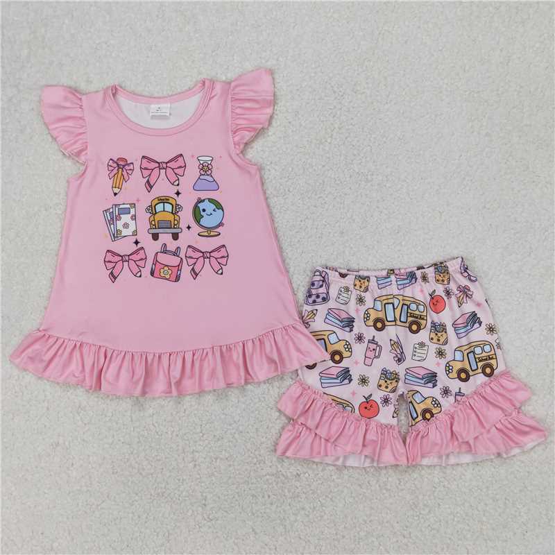 4.7 GSSO1910 School bus pencil apple pink bow flying sleeve shorts set