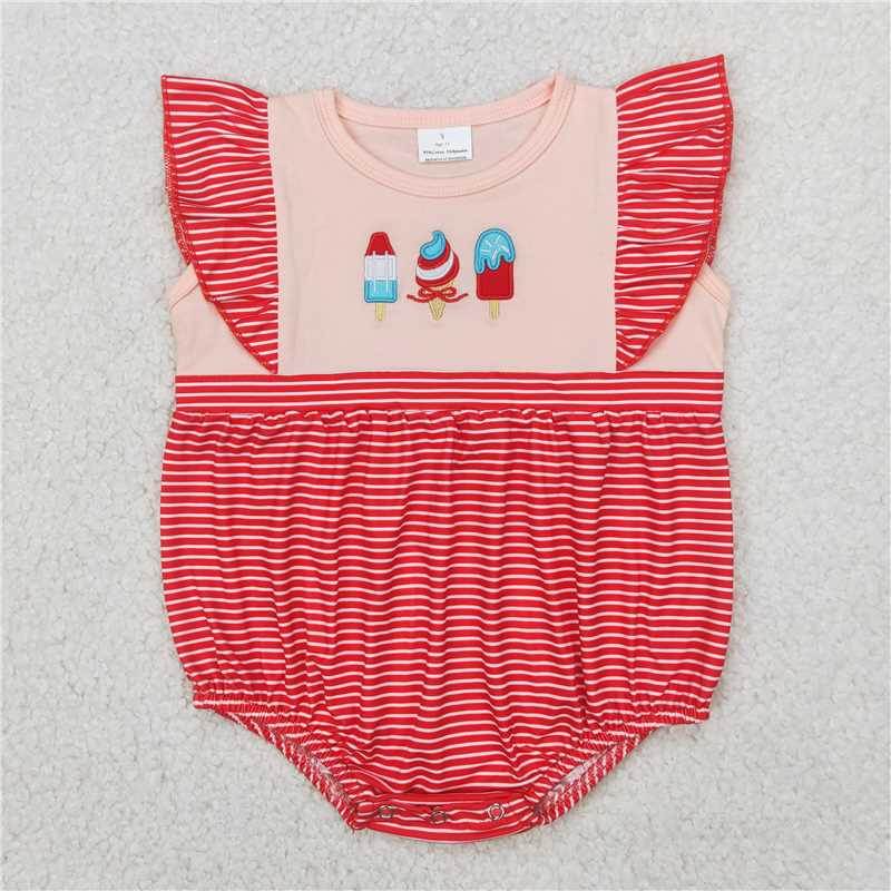 4.7 SR2635 Embroidered ice cream bow pattern striped red vest jumpsuit