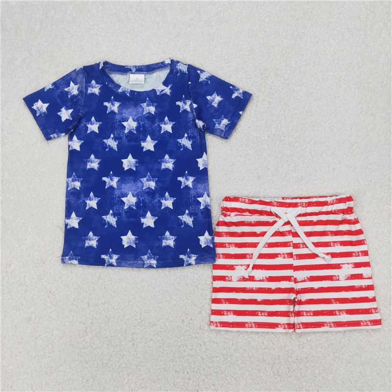 4.2 BSSO1405 National Day Star Blue Short Sleeve Red and White Striped Shorts Set