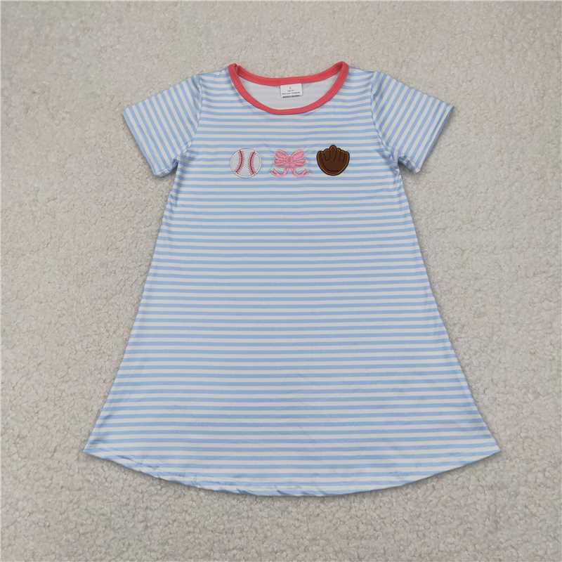 4.4 GSD2220 Embroidered Baseball Bow Glove Blue Striped Short Sleeve Dress