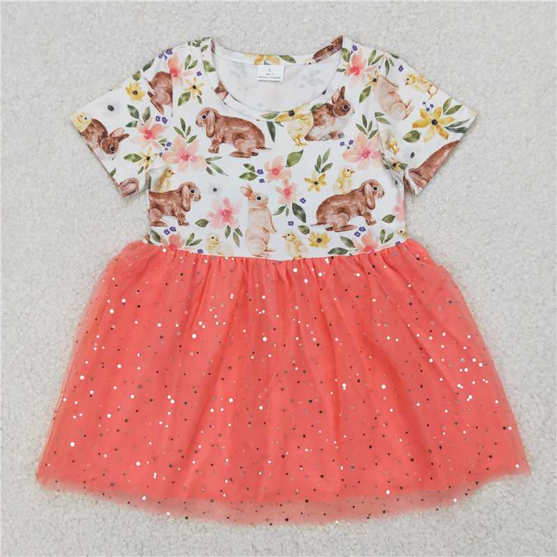 4.11 GSD2445 Flower bunny sequin orange red tulle short sleeve dress