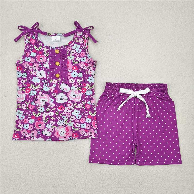 4.7 GSSO2358 Flower purple sleeveless polka dot shorts set