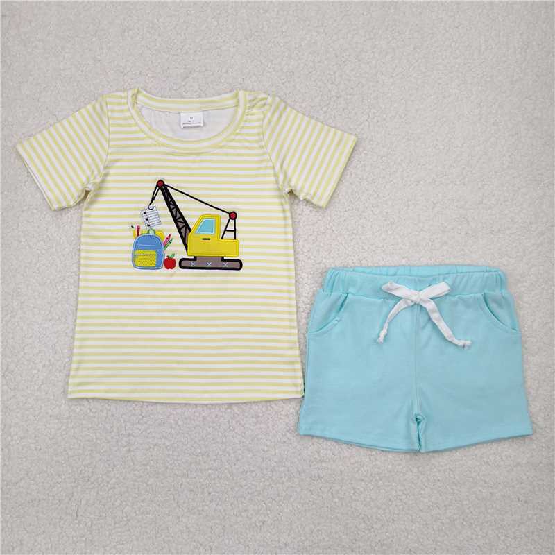 4.7 BSSO1417 Embroidery school bag engineering vehicle yellow stripes blue shorts suit