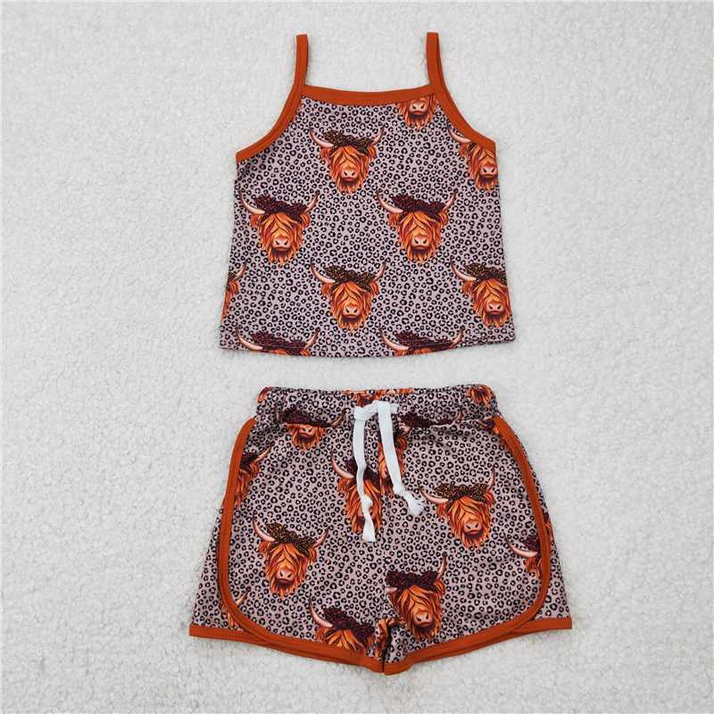 4.8 GSSO2341 Alpine bull head leopard print brown suspender shorts set