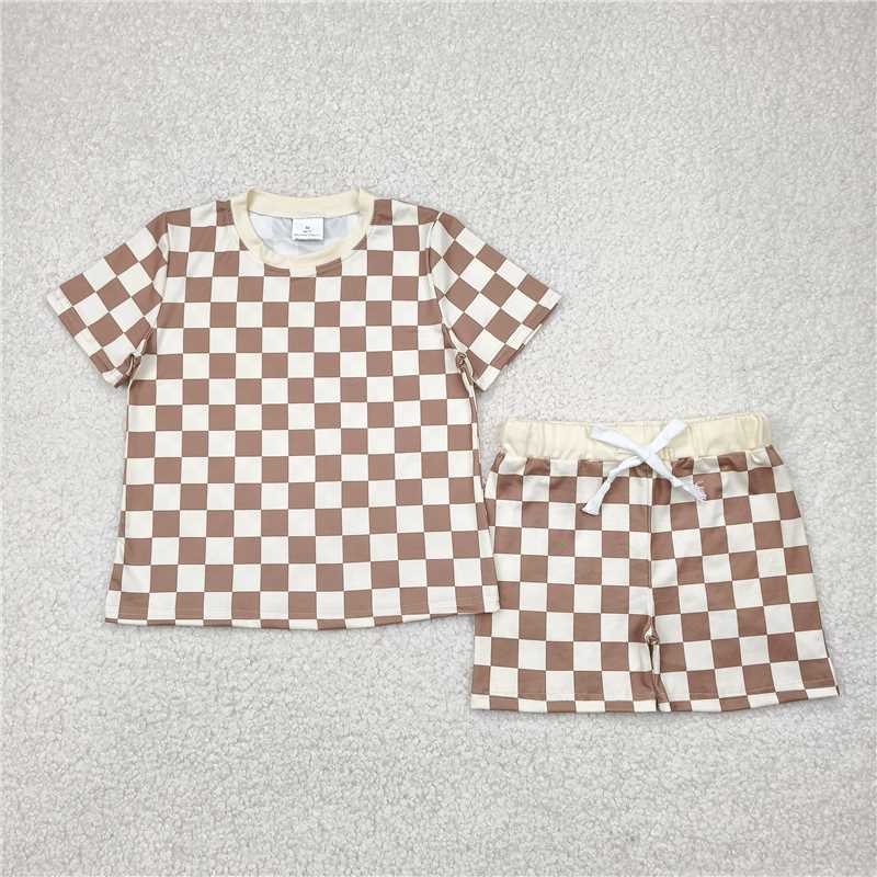 4.16 BSSO1422 Beige plaid short-sleeved shorts suit