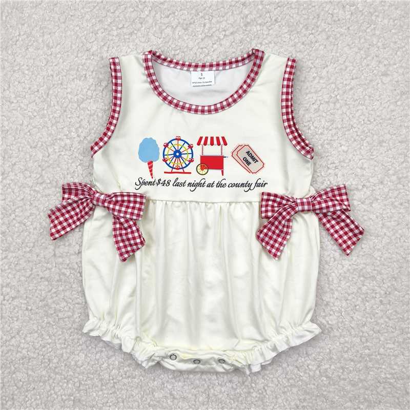 4.16SR3037 Ferris wheel lettering red plaid bow beige vest jumpsuit