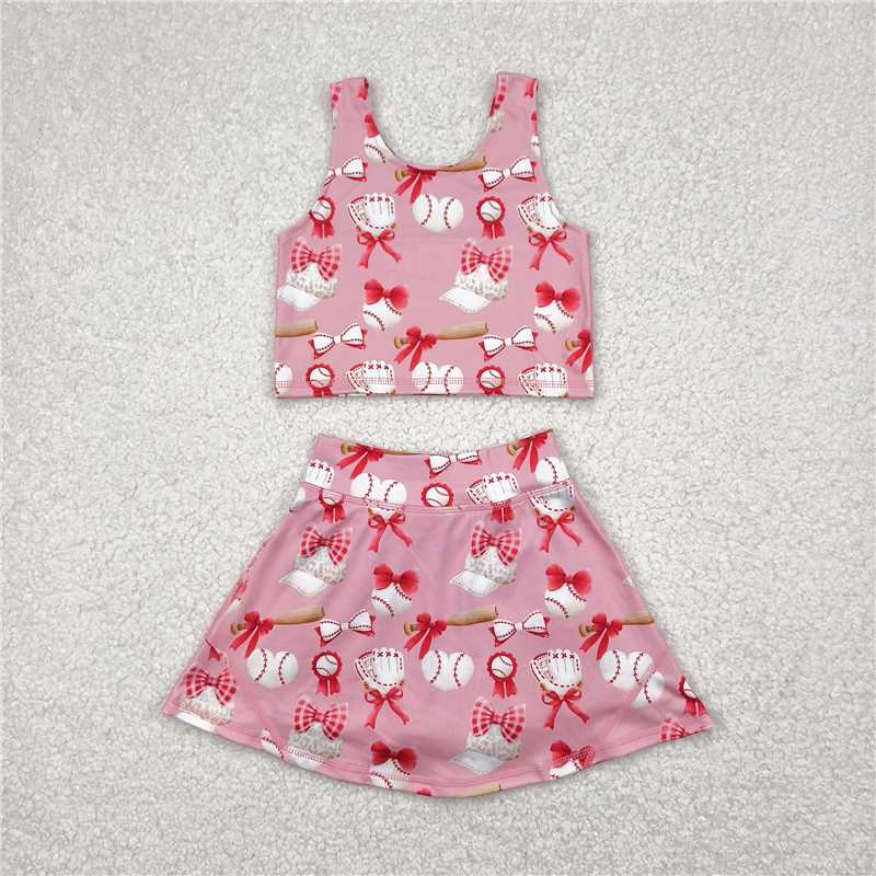 4.16 GSD2044 Baseball bow pattern pink vest skirt yoga set