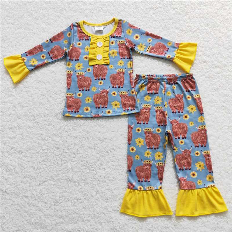 GLP0670 Alpine cattle flower sunflower yellow lace long sleeve trousers suit