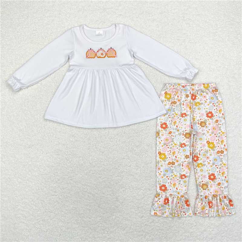 7.24 GLP1378 Embroidered bow pumpkin white long-sleeved flower trousers suit