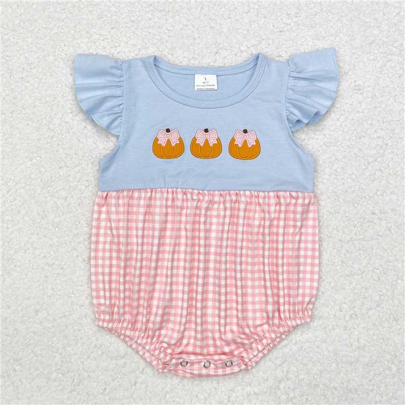 4.23SR1962 Pink plaid short-sleeved bodysuit with embroidered pumpkin pattern