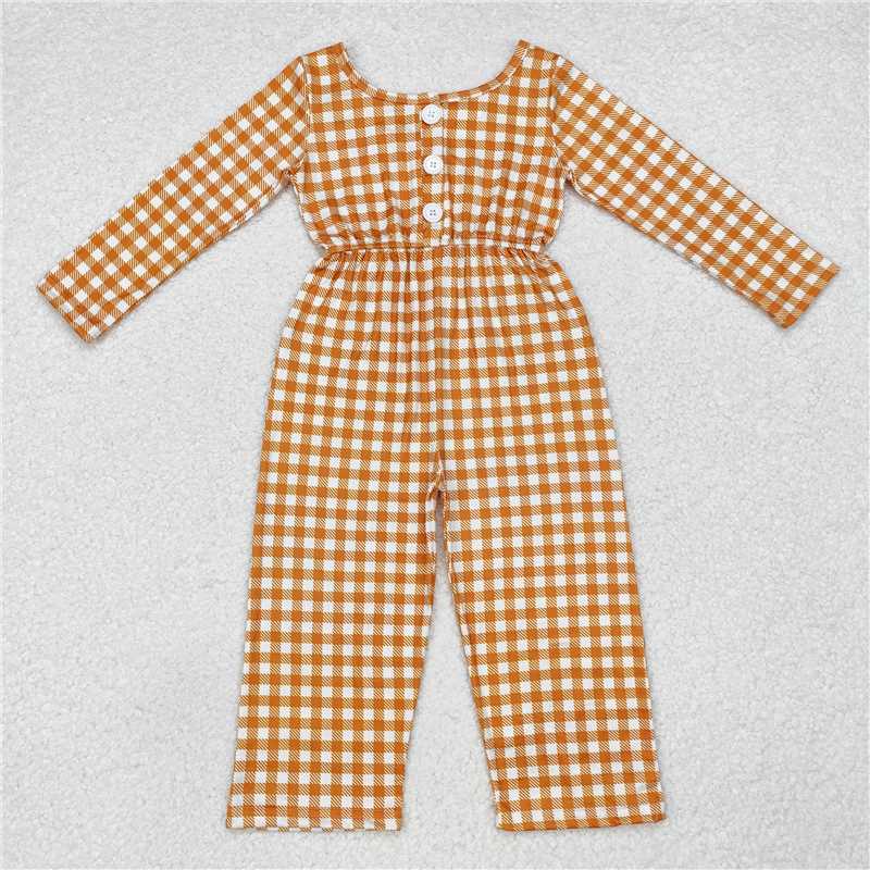 4.23LR1840 Orange plaid long-sleeved jumpsuit with pockets