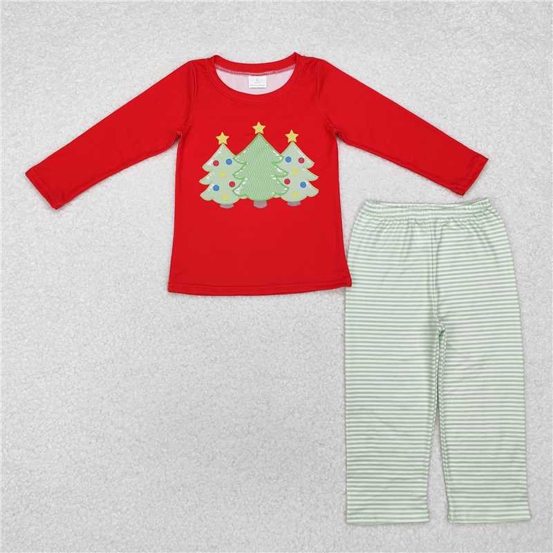 BLP0773 Christmas tree pattern red long-sleeved top and green striped trousers set
