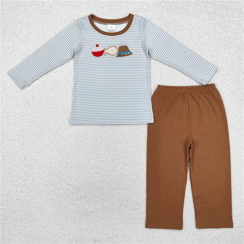 6.24BLP0590 Embroidered fishing hat striped long sleeve brown trousers suit