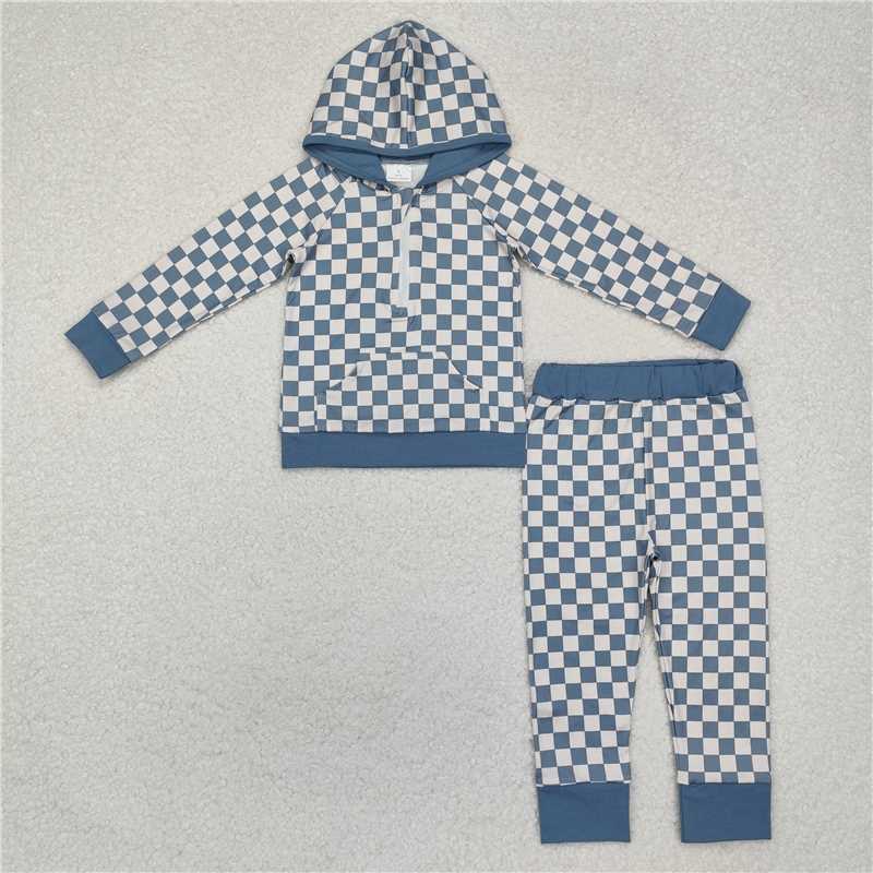 4.22BLP0951 Beige plaid long-sleeved hooded trousers suit