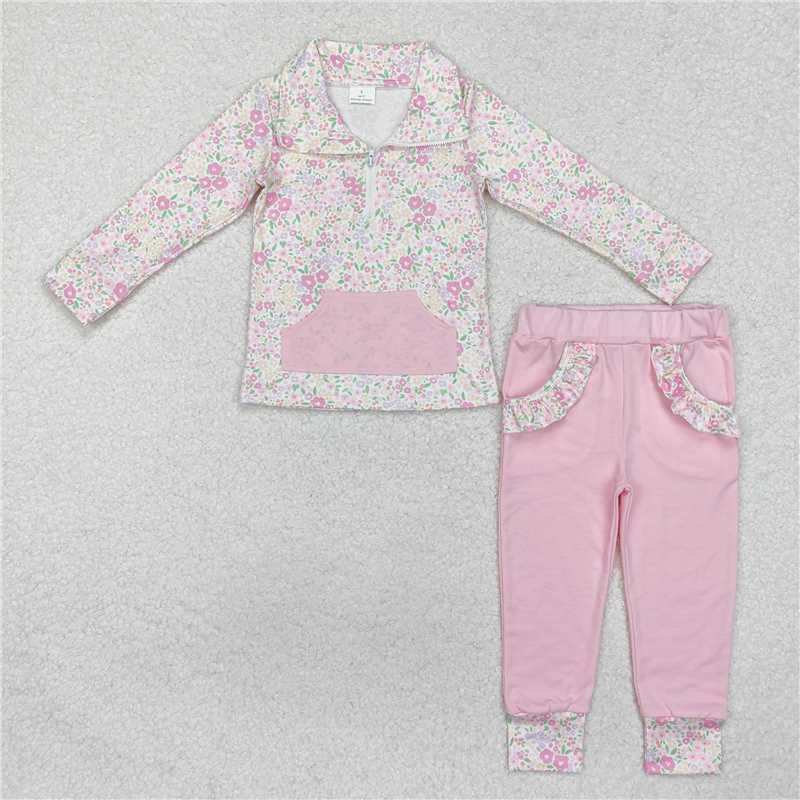 4.23GLP2118 Flower floral pink pocket zipper long sleeve trousers set