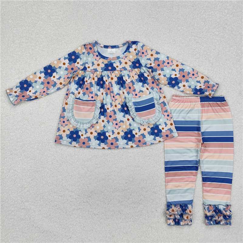 4.23GLP2144 Powder blue flower pocket long sleeve colorful striped trousers set