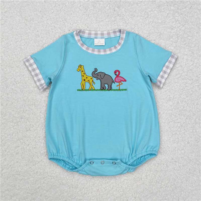 4.22SR2123 Boys Embroidered Giraffe Elephant Bird Animal Blue Short Sleeve Onesie