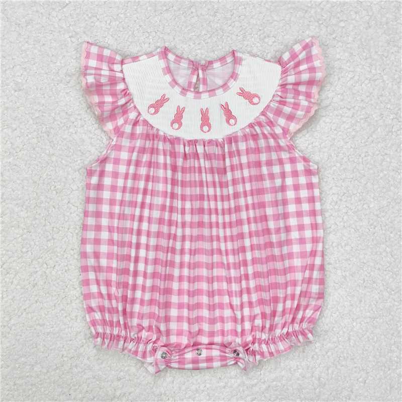 4.23SR2215 Embroidered Easter bunny pink plaid vest bodysuit