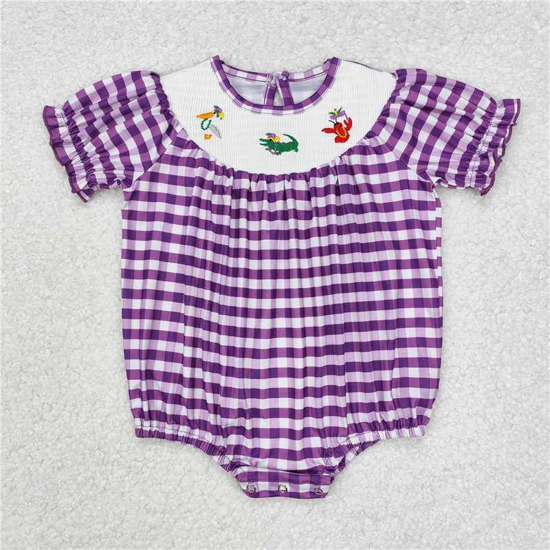 4.23SR2060 Embroidered carnival bird crocodile lobster purple plaid short-sleeved jumpsuit