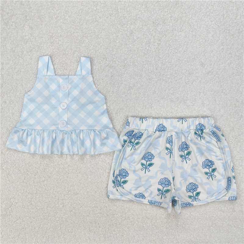 3.11GSSO2078 Beige shorts set with plaid suspenders, flowers, leaves, blue bow pattern
