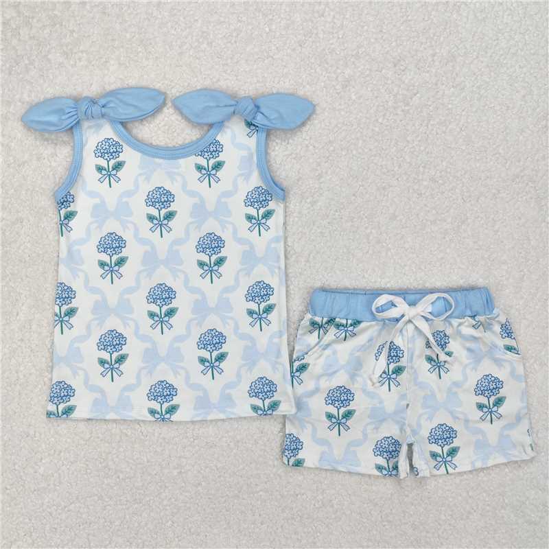 3.11GSSO2079 Beige sleeveless shorts set with flower, leaf and blue bow pattern