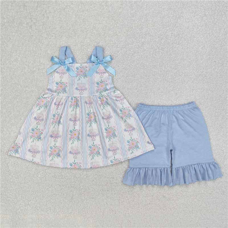 3.10GSSO2087 Flower leaves blue stripes wavy lines pink bow pattern white sleeveless shorts set