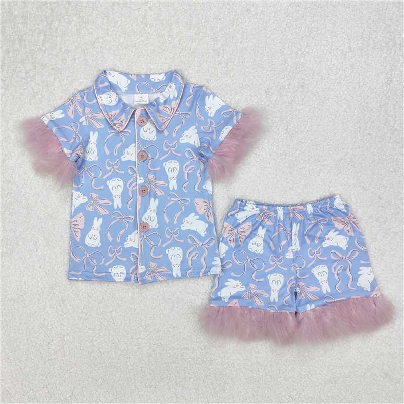 3.11 GSSO1946 Easter bunny bow pattern pink plush trim blue short-sleeved shorts pajama set