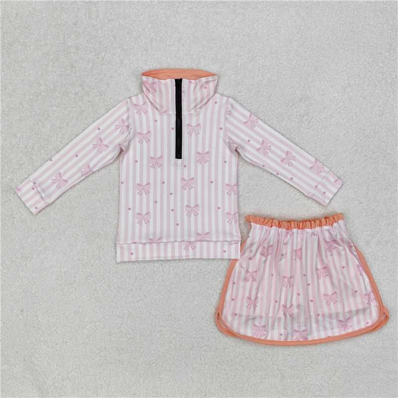 3.11GLD1004 Bow pattern pink stripes white zipper long sleeve pants skirt suit