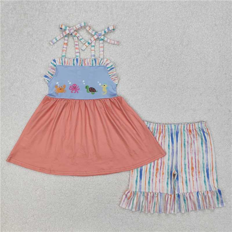3.10 GSSO2016 Crab Octopus Turtle Seahorse Animal Orange Suspenders Colorful Striped Shorts Set