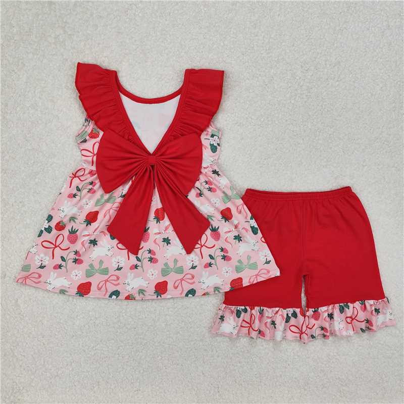 3.10 GSSO1914 Easter bunny strawberry red lace bow sleeveless shorts set