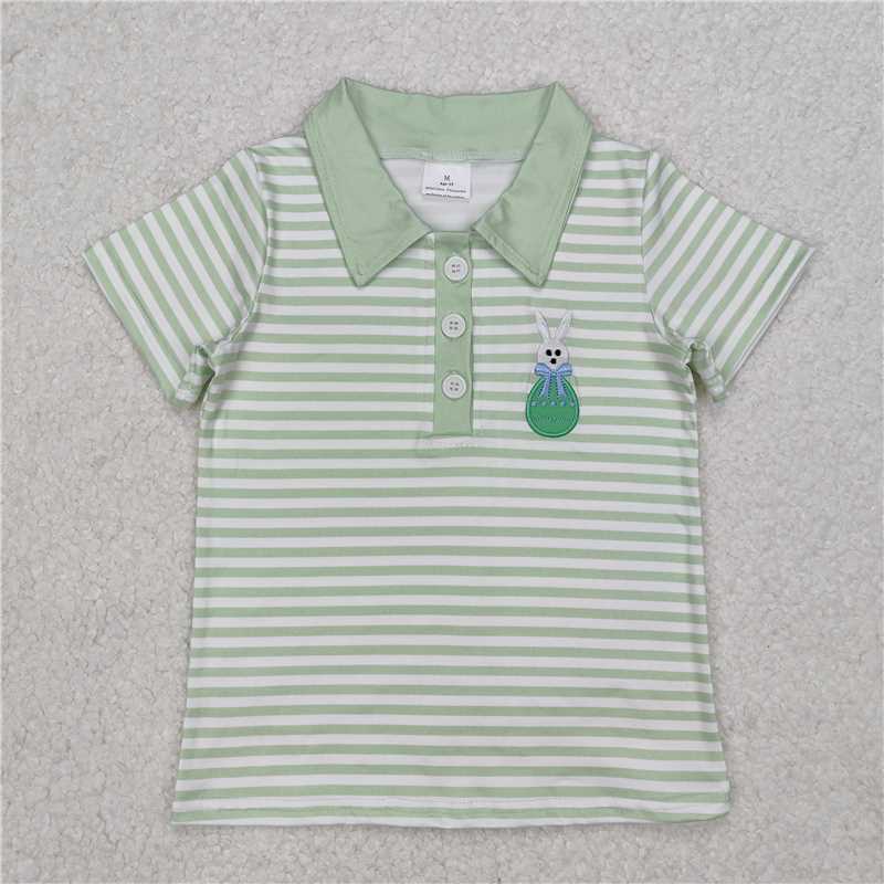 3.10 BT1046 Embroidered Easter egg bunny green striped short sleeve top