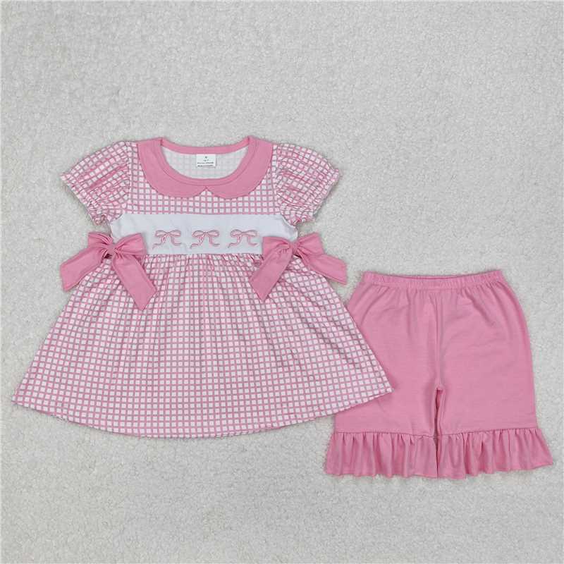 3.10 GSSO1879 Embroidered bow pattern doll collar pink plaid short-sleeved shorts suit