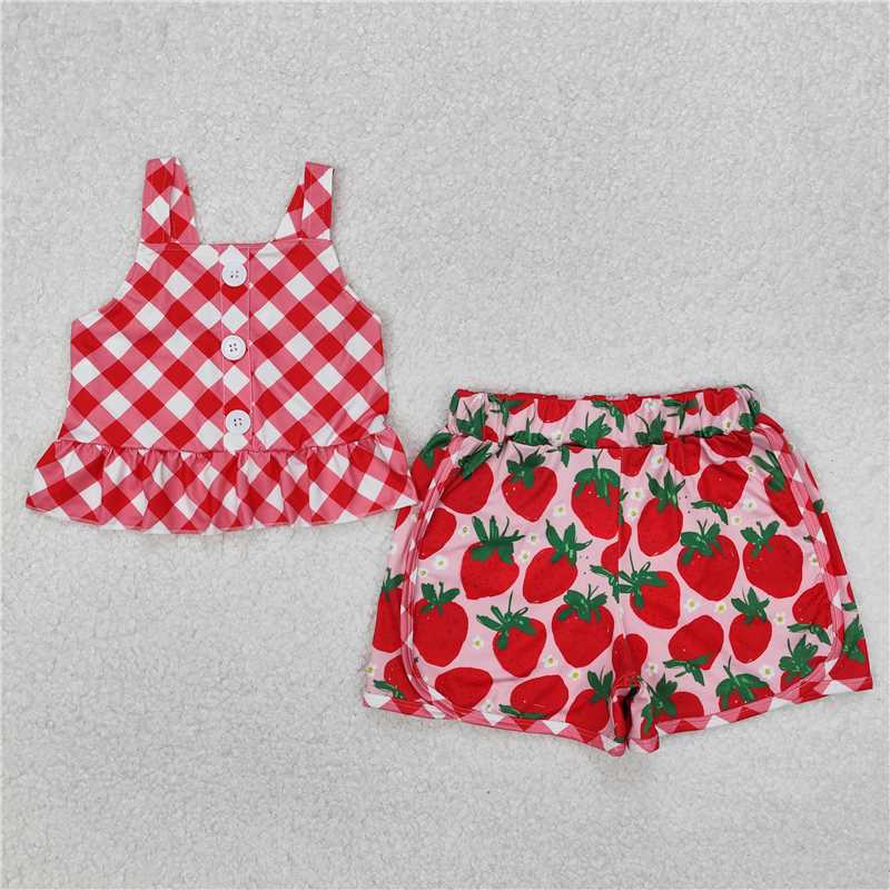 3.17 GSSO2037 Red plaid suspenders strawberry flower pink shorts set