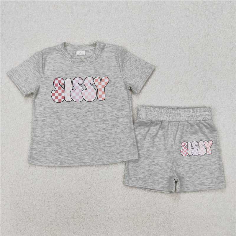 3.17 GSSO2135 Offset sissy color plaid lettering gray short-sleeved shorts suit