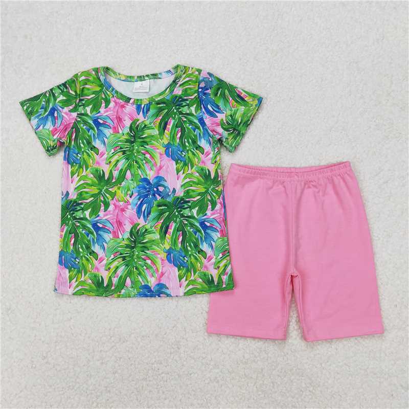 3.17 GSSO2211 Leaf pattern short-sleeved pink shorts set