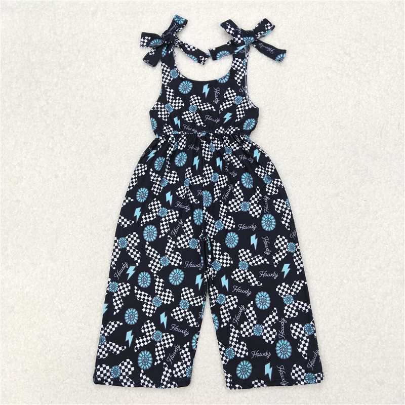3.24 SR2466 Howdy jewel lattice bow pattern black suspender jumpsuit
