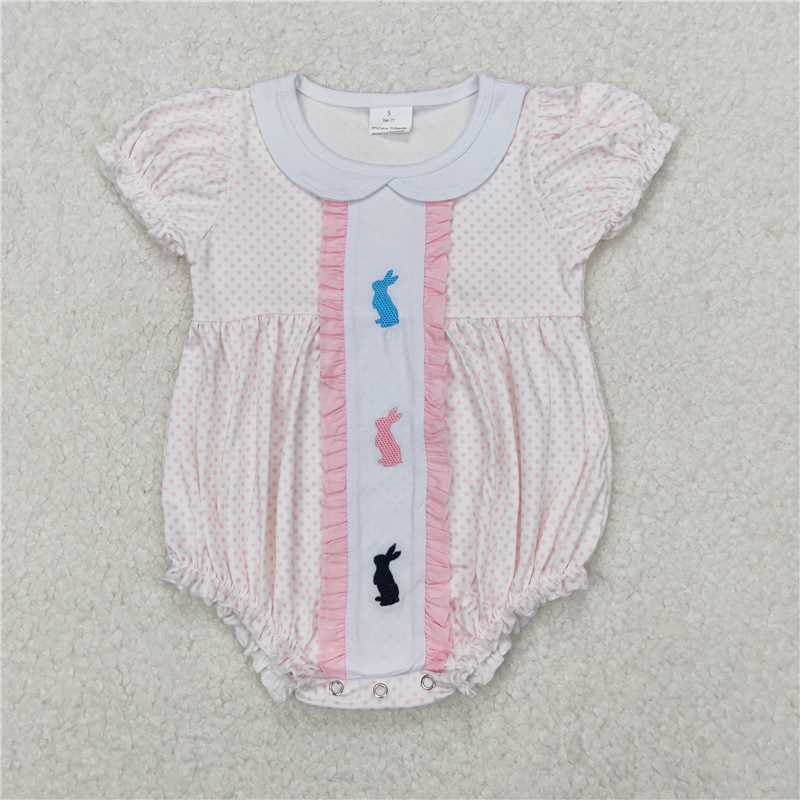 3.17 SR2545 Embroidered Easter bunny pink polka dot lace doll collar white short-sleeved jumpsuit