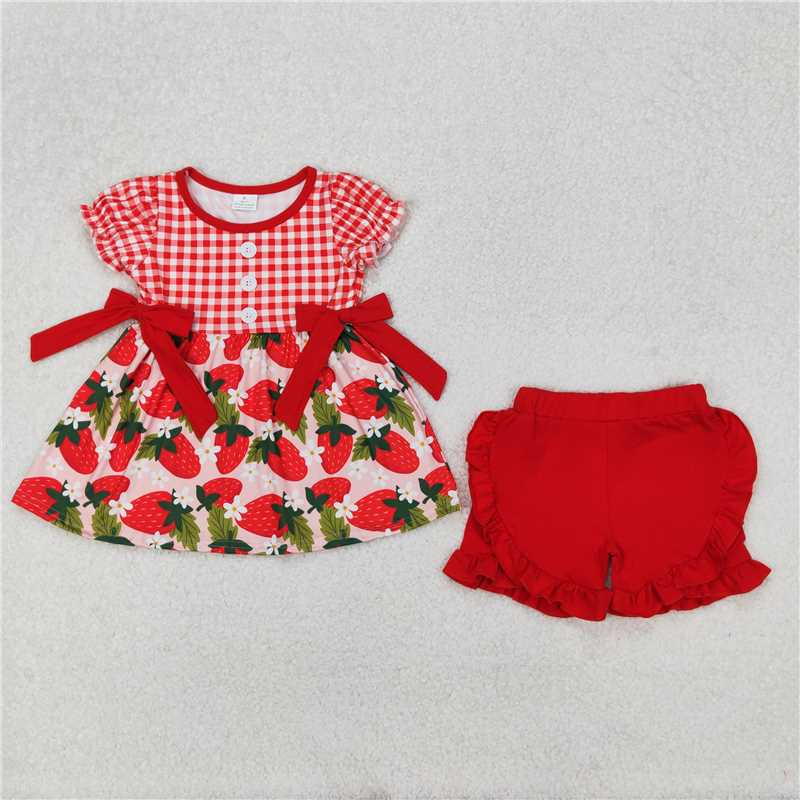 3.17 GSSO1648 Strawberry flower and leaf red plaid short-sleeved shorts suit