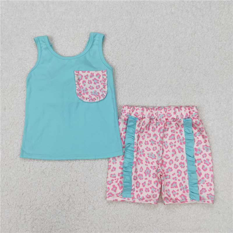 3.17 GSSO1784 Pink leopard print bow blue green vest shorts set