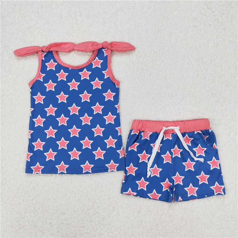 3.17 GSSO2151 Navy blue sleeveless shorts set with red five-pointed star pattern