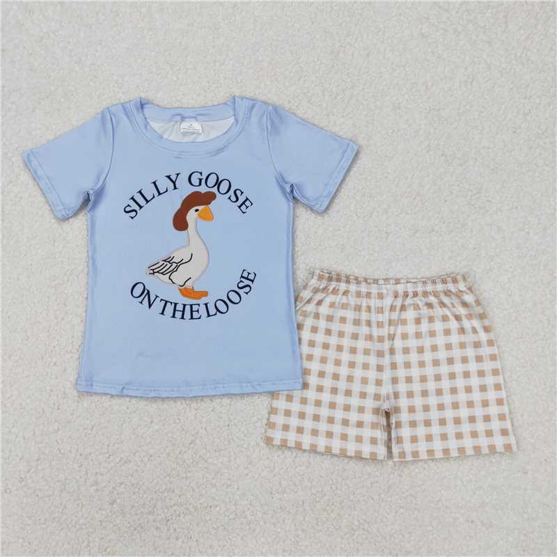 4.2 BSSO1305 Silly Goose letter duck blue short-sleeved plaid shorts suit