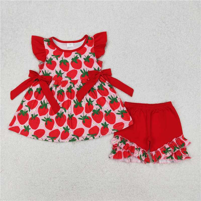 3.17 GSSO2023 Strawberry flower red lace bow pink flying sleeve shorts suit