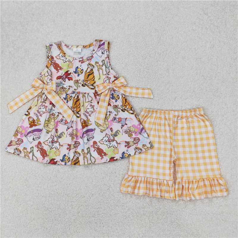 3.24 GSSO2197 Cartoon animal tiger crocodile yellow plaid bow sleeveless shorts suit