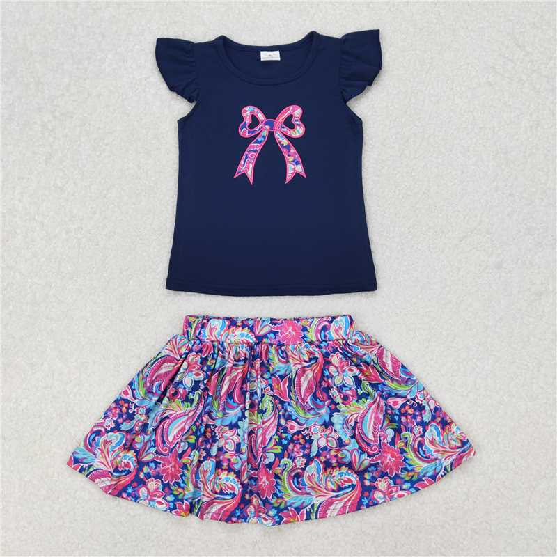 3.17 GSD1689 Embroidered flower pattern bow pattern blue flying sleeve pants skirt suit