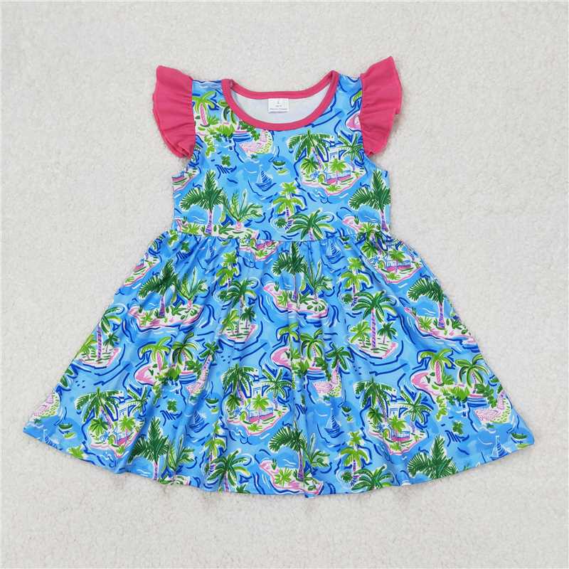 3.24 GSD1928 Coconut Tree Boat Rose Red Lace Blue Flying Sleeves Dress