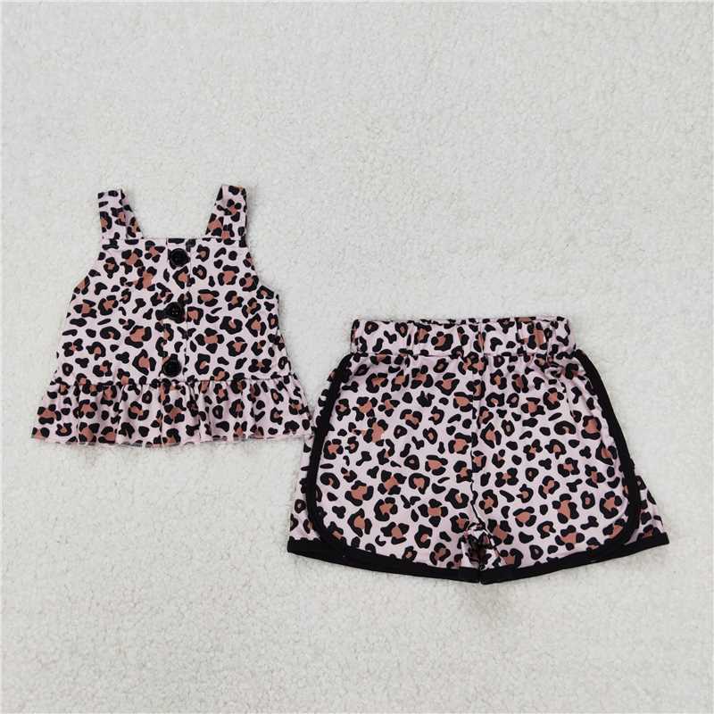 3.24 GSSO2053 Brown and black leopard print suspender shorts set