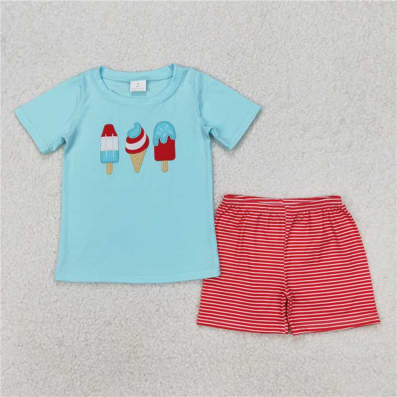 4.2 BSSO1269 Embroidery Ice Cream Blue Short Sleeve Striped Red Shorts Set