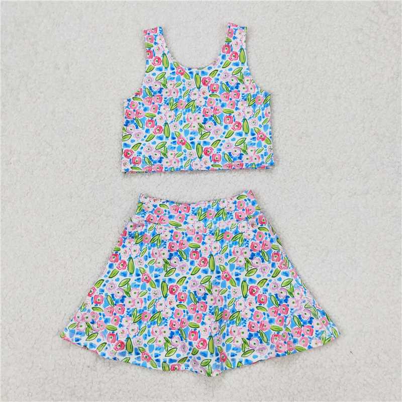 3.24 GSD1988 Flower and leaf blue sleeveless pants skirt yoga set