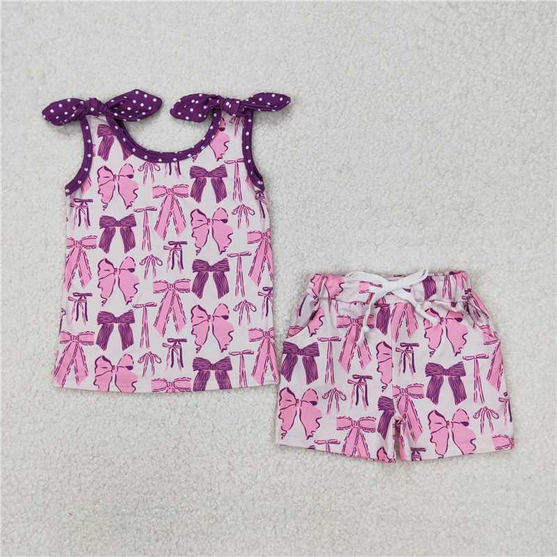3.24 GSSO2207 Pink and purple bow pattern sleeveless shorts set